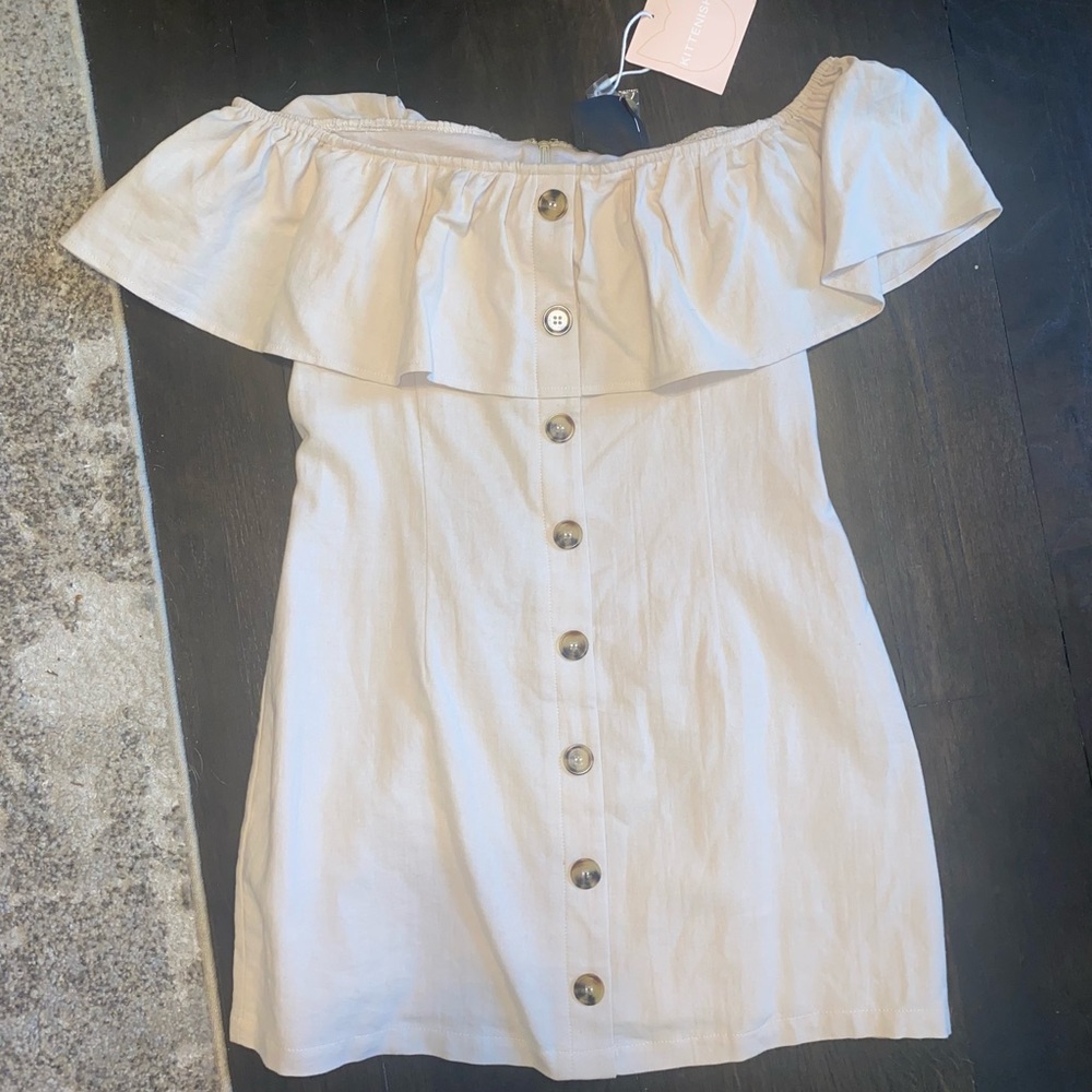 Kittenish Off-Shoulder Ruffle Mini Dress in Light Beige